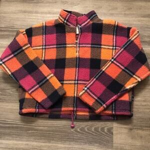 American Eagle Outfitters Pink and Orange Plaid Teddy Jacket